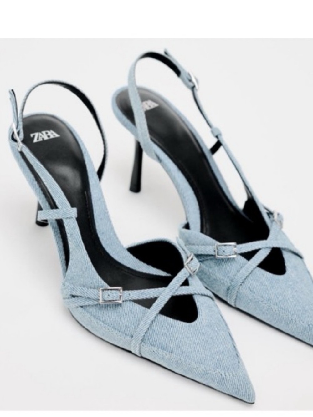 ZARA Light Blue Denim Pointed-Toe Slingback Heels